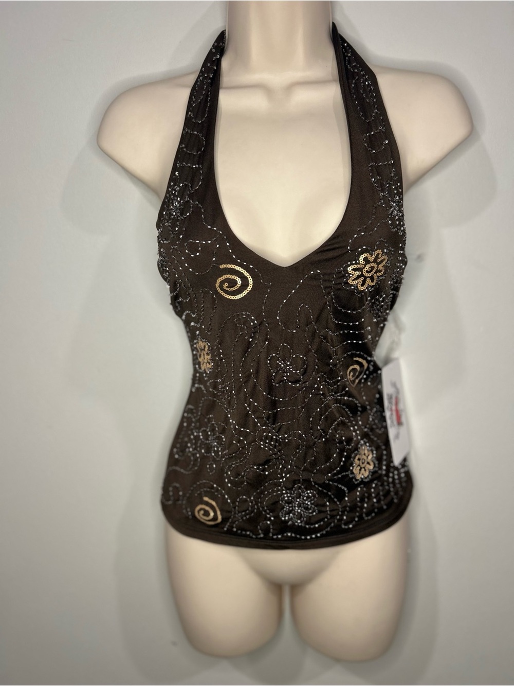 Embellished Brown Halter Tank Top with Gold Accents